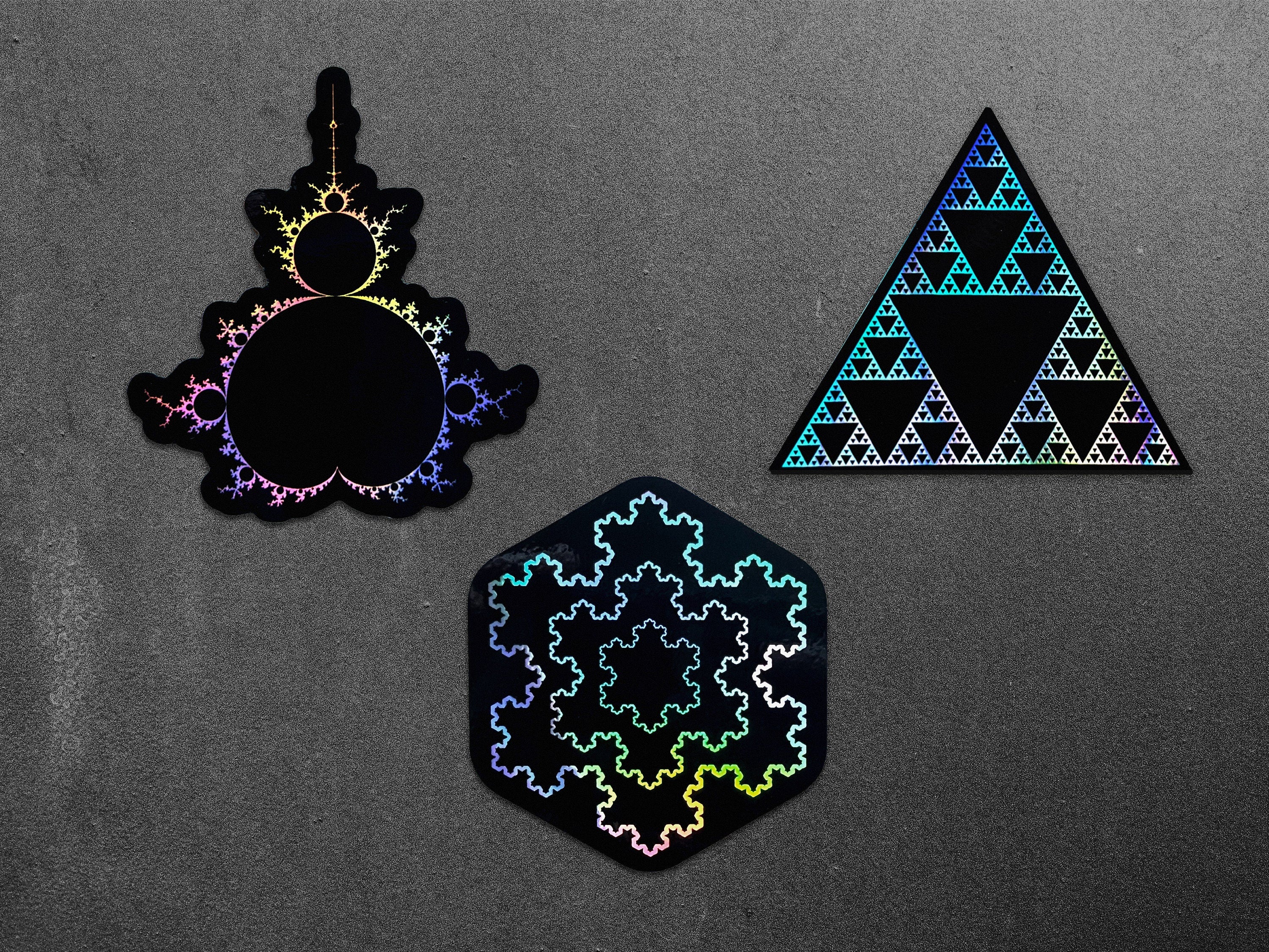 Cyberpunk Sierpiński Triangle, Mandelbrot, Koch Snowflake fractal vinyl sticker decals by The Sciencey