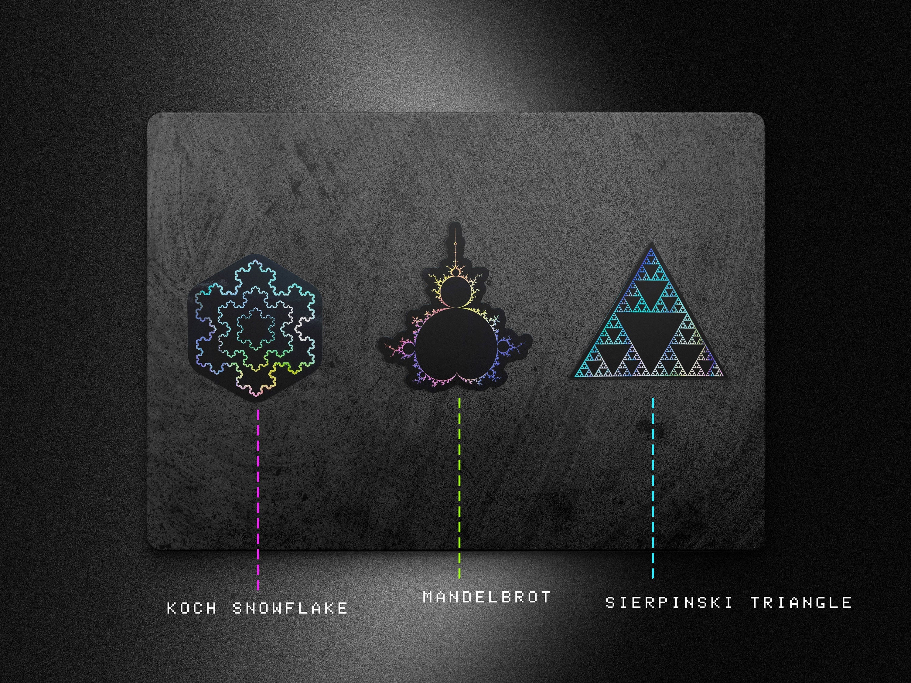 Cyberpunk Sierpiński Triangle, Mandelbrot, Koch Snowflake fractal vinyl sticker decals by The Sciencey