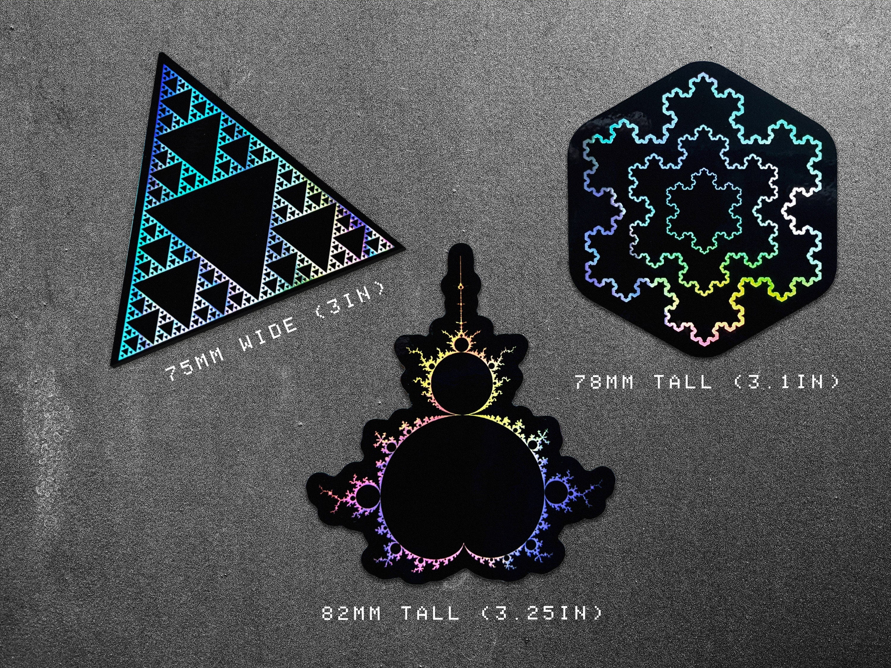 Cyberpunk Sierpiński Triangle, Mandelbrot, Koch Snowflake fractal vinyl sticker decals by The Sciencey