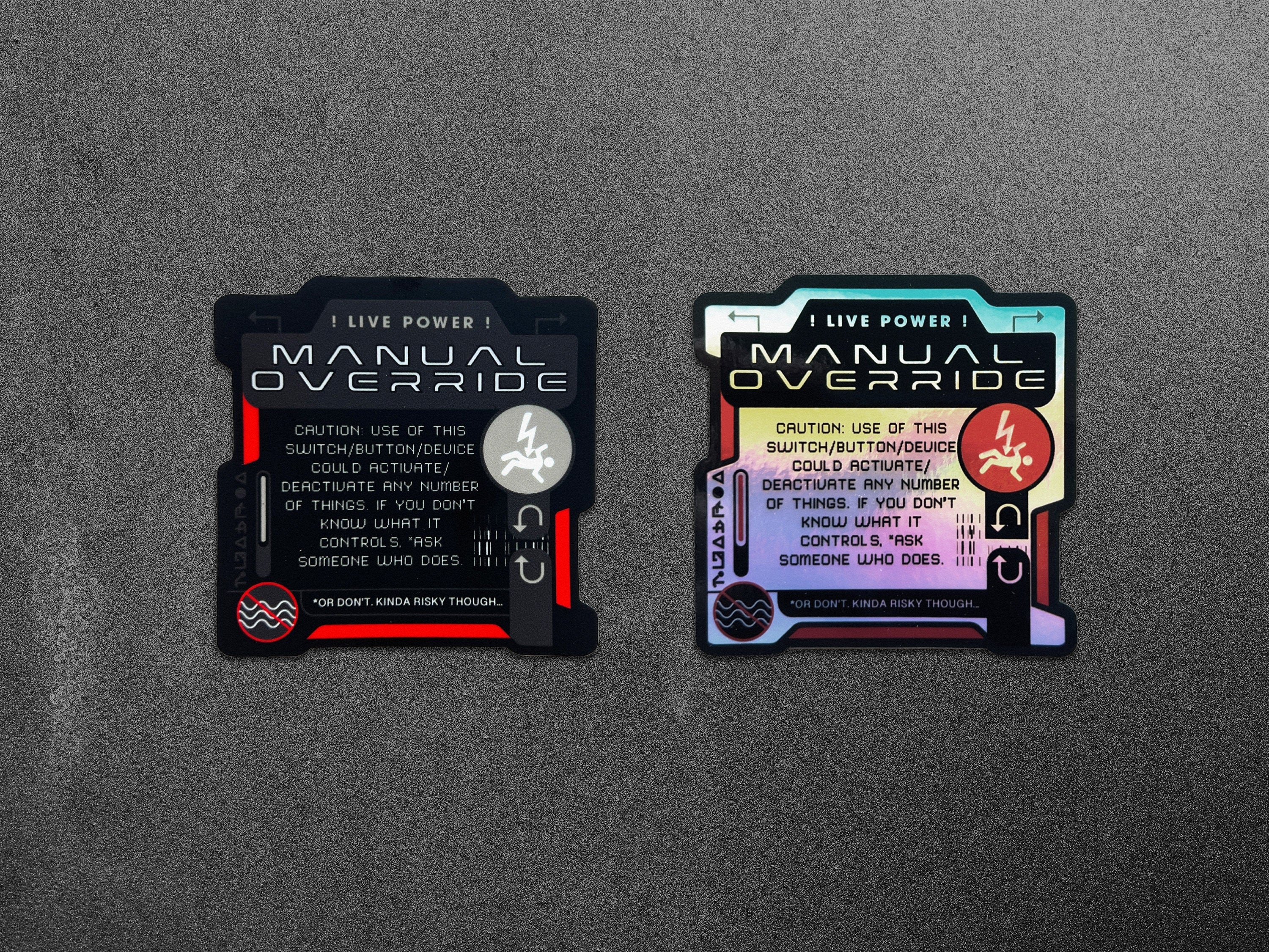 Manual Override! Holographic Vinyl Decal - Device Offline Cyberpunk Laptop Sticker - Futuristic Astropunk / Space Sci-Fi Prop Decal