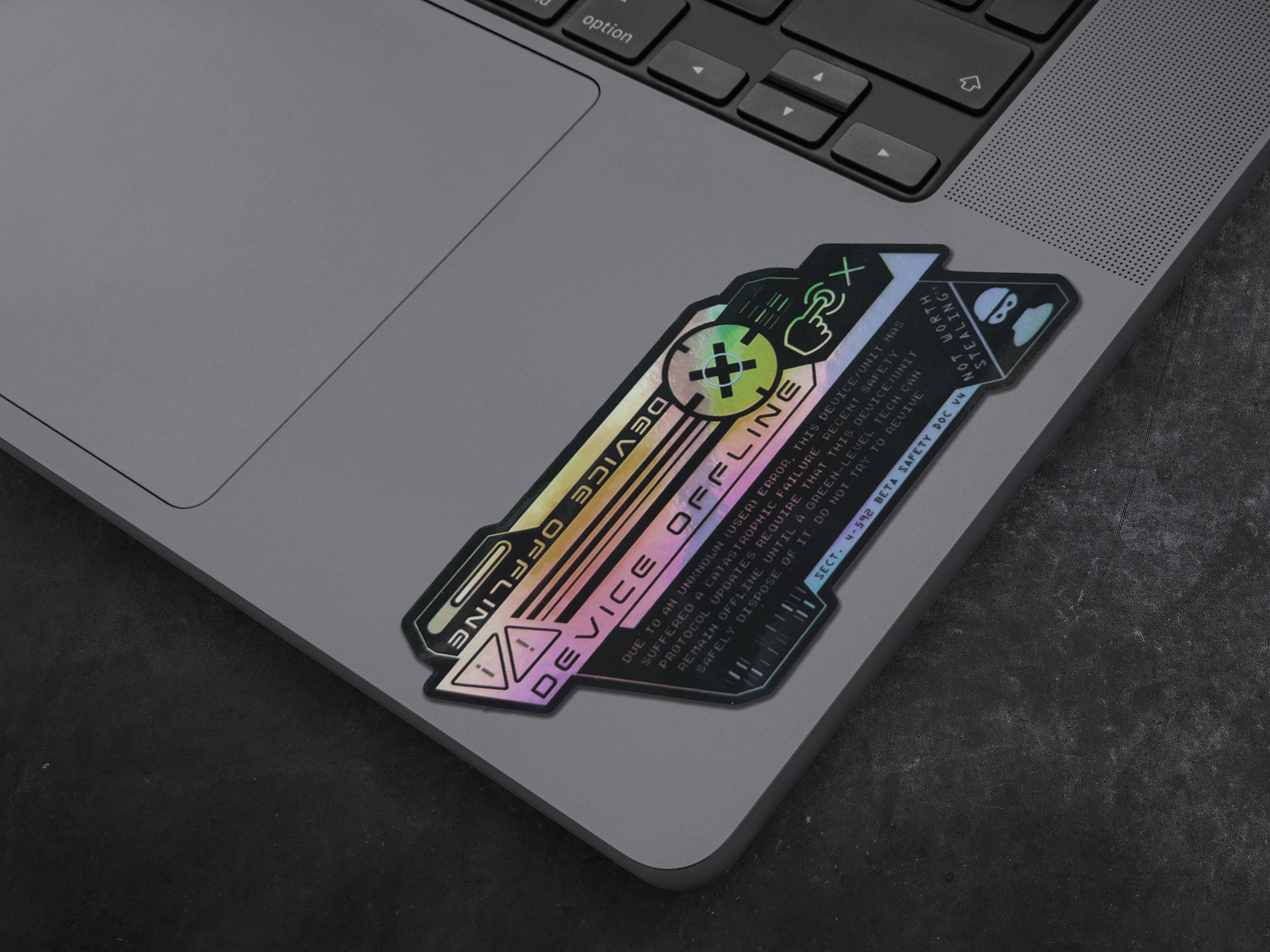 Device Offline Holographic Vinyl Decal - Manual Override Cyberpunk Laptop Sticker - Futuristic Astropunk / Space Sci-Fi Prop Decal by The Sciencey