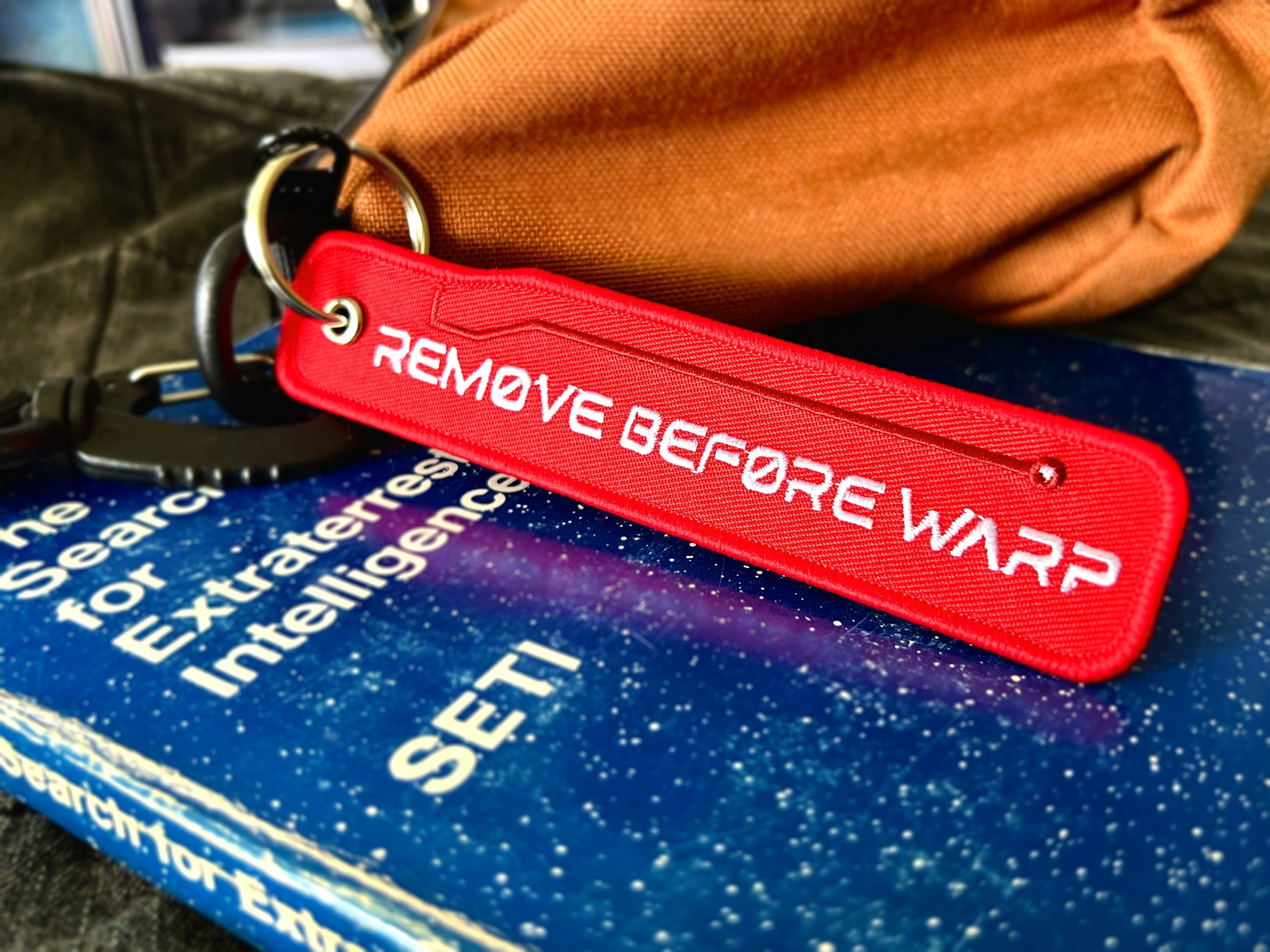 The Sciencey Remove Before Warp Sci-Fi Futuristic Keychain Flight Tag Gift in Red