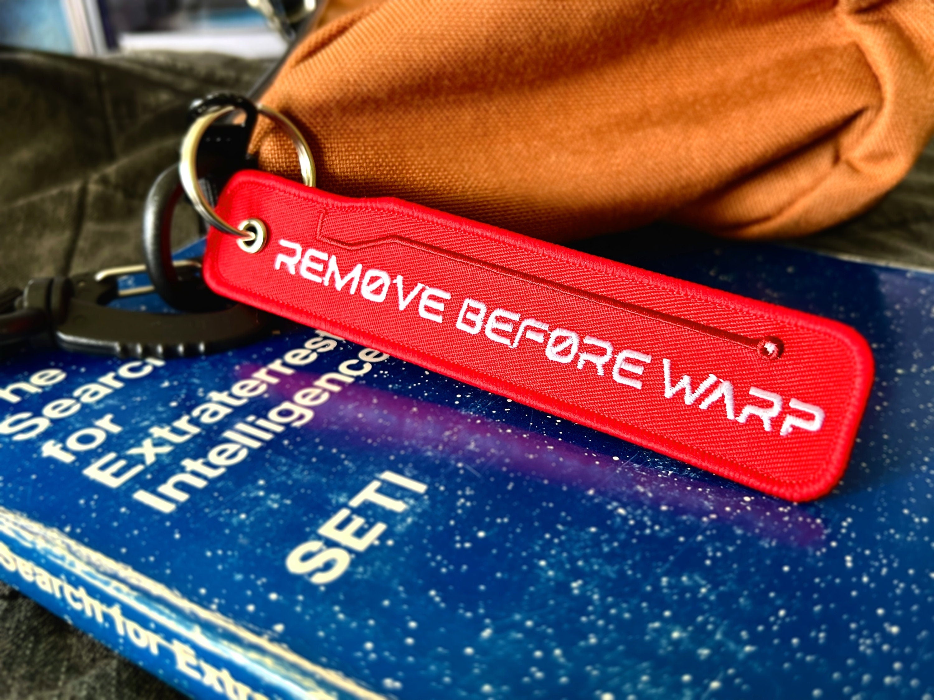 The Sciencey Remove Before Warp Sci-Fi Futuristic Keychain Flight Tag Gift in Red