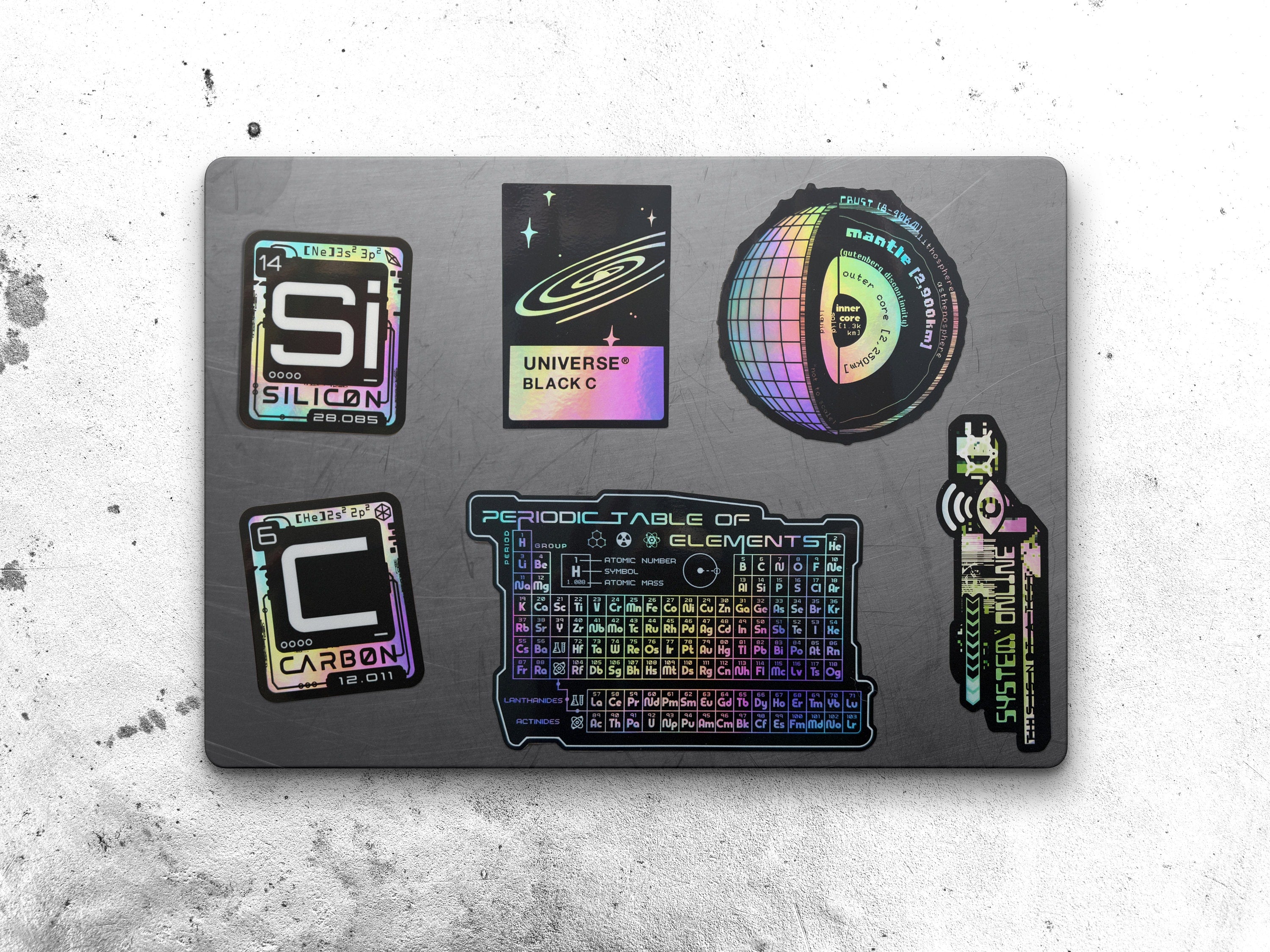 Periodic Table Holographic Vinyl Decal - Cyberpunk Laptop Sticker - Futuristic STEM Astropunk / Chemistry Sci-Fi Water Bottle Decal