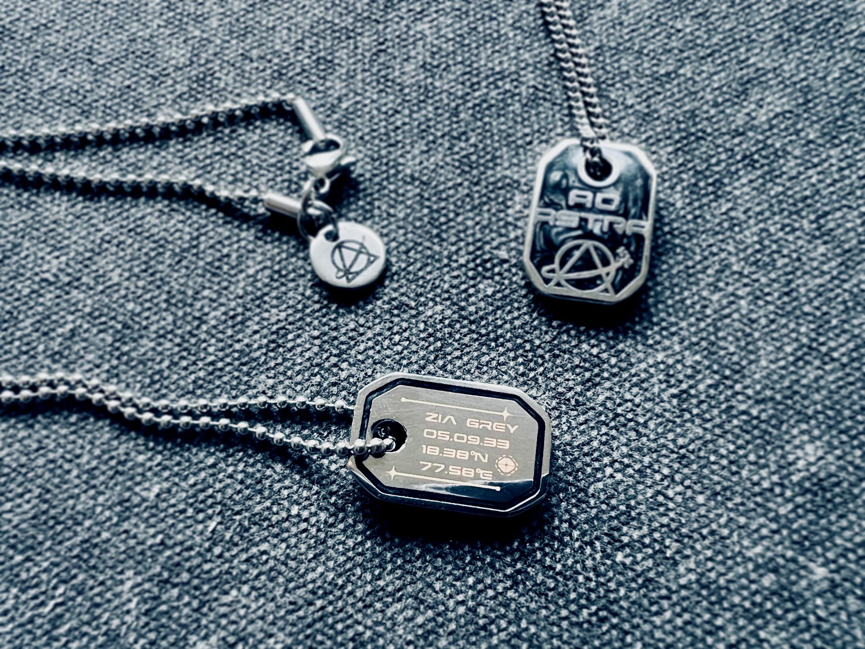 Custom Micro ID Tag Necklace - Cyberpunk Ad Astra Men's / Women's Black Dog Tag Pendant - Minimalist Astronomy / Sci-fi Space Jewelry