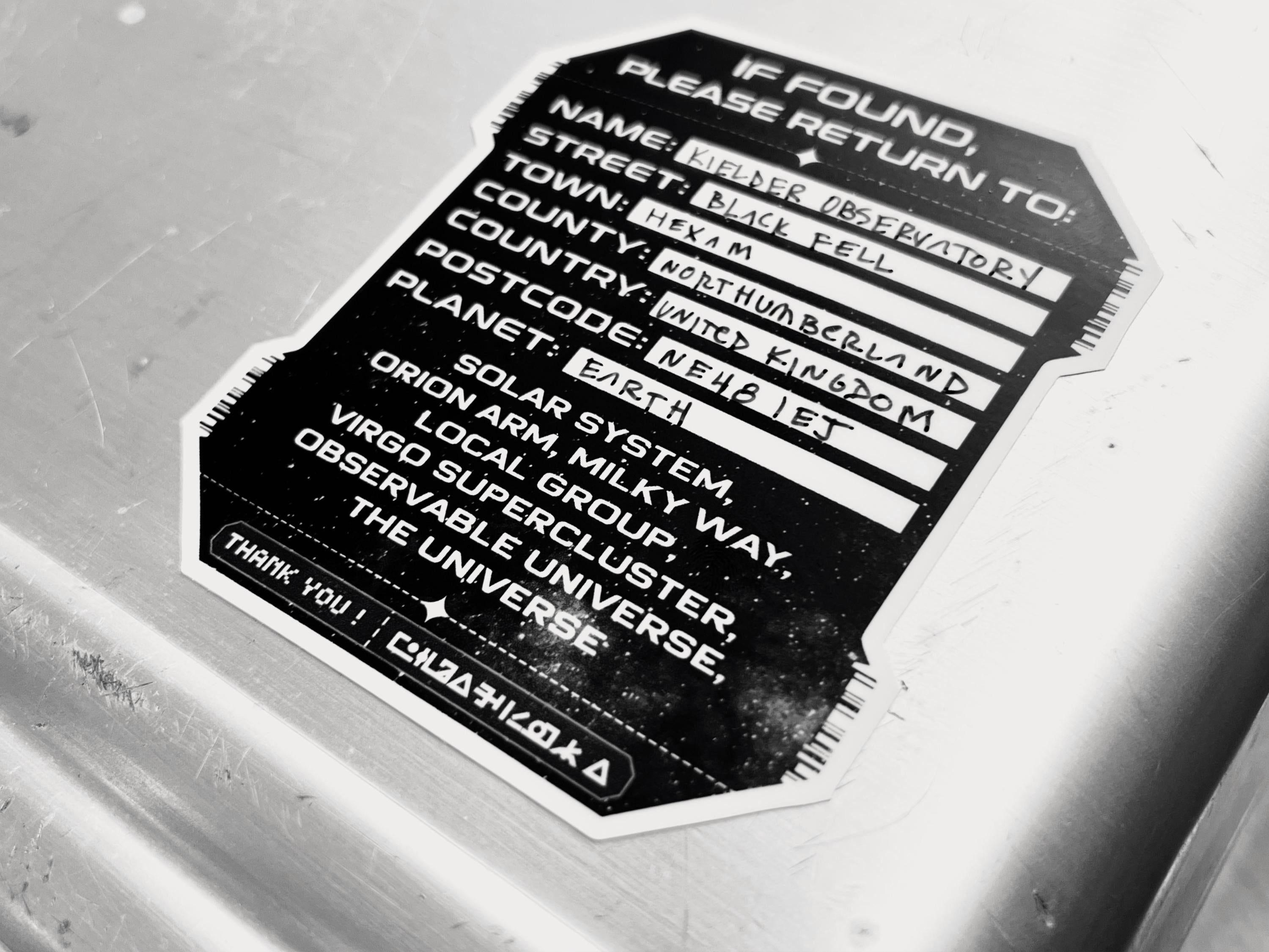 Cosmic Address Cyberpunk Vinyl Decal (UK / Europe Version) - Sci-fi Prop Cargo / Book Label Sticker