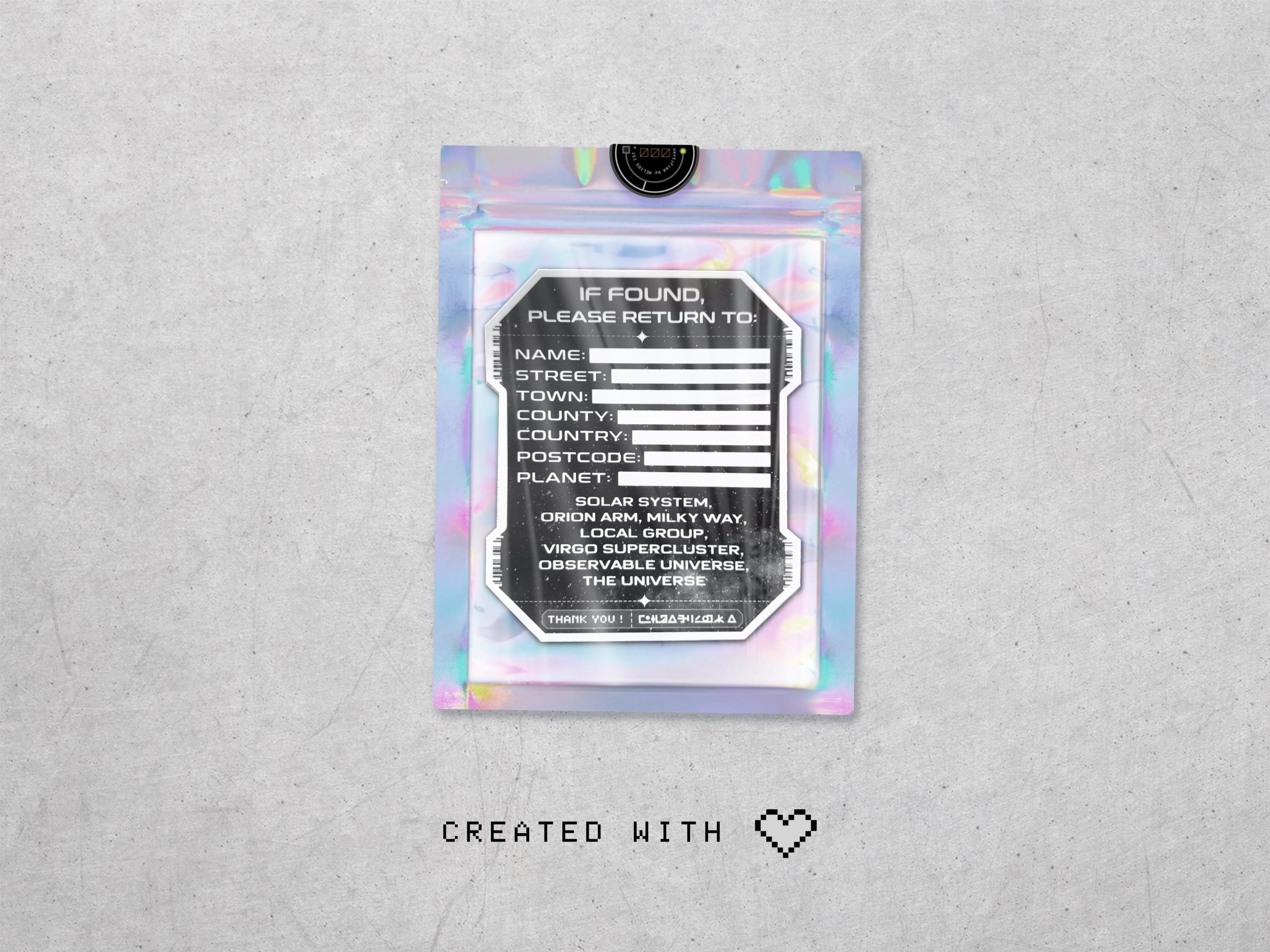 Cosmic Address Cyberpunk Vinyl Decal (UK / Europe Version) - Sci-fi Prop Cargo / Book Label Sticker