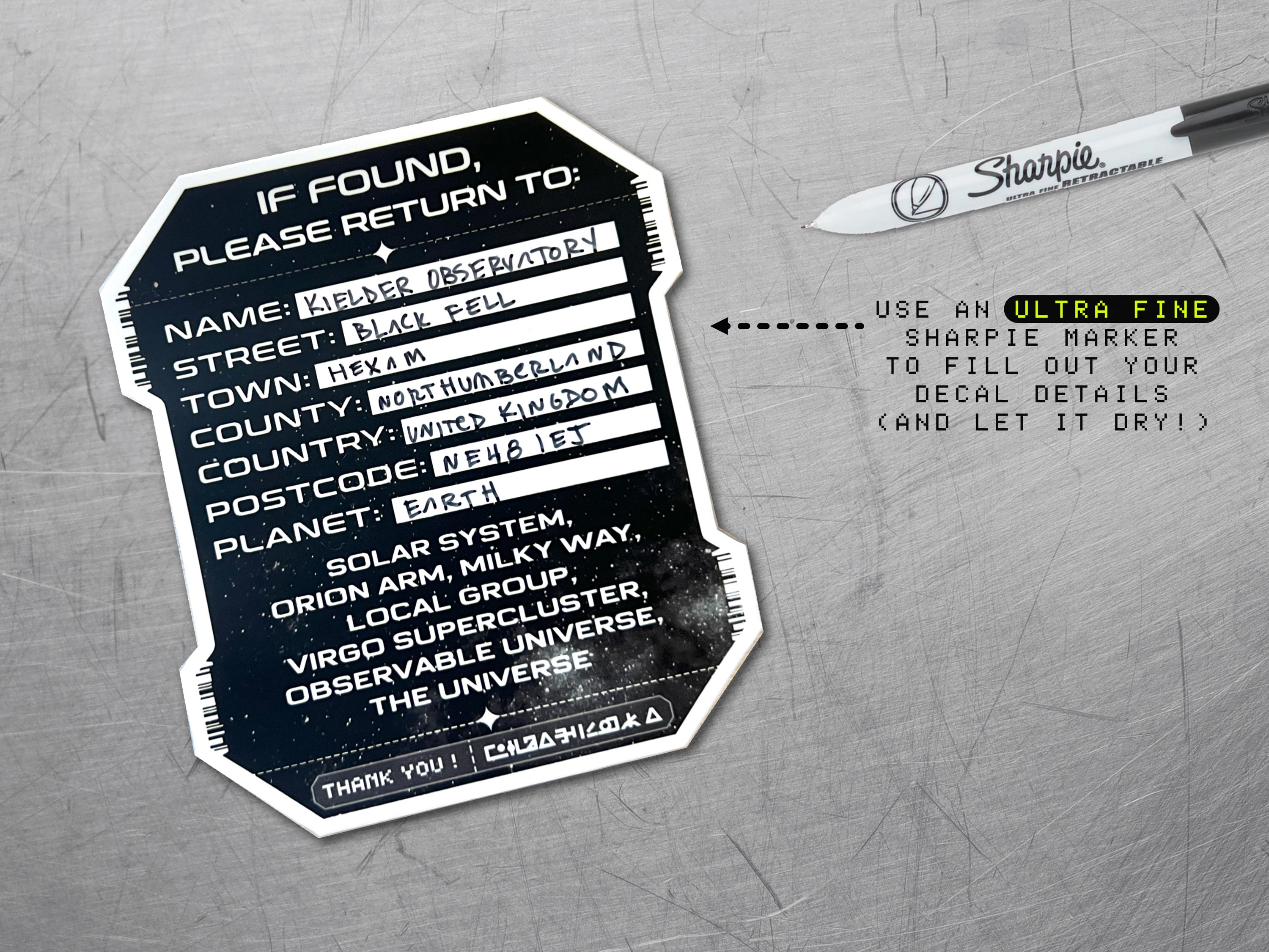 Cosmic Address Cyberpunk Vinyl Decal (UK / Europe Version) - Sci-fi Prop Cargo / Book Label Sticker