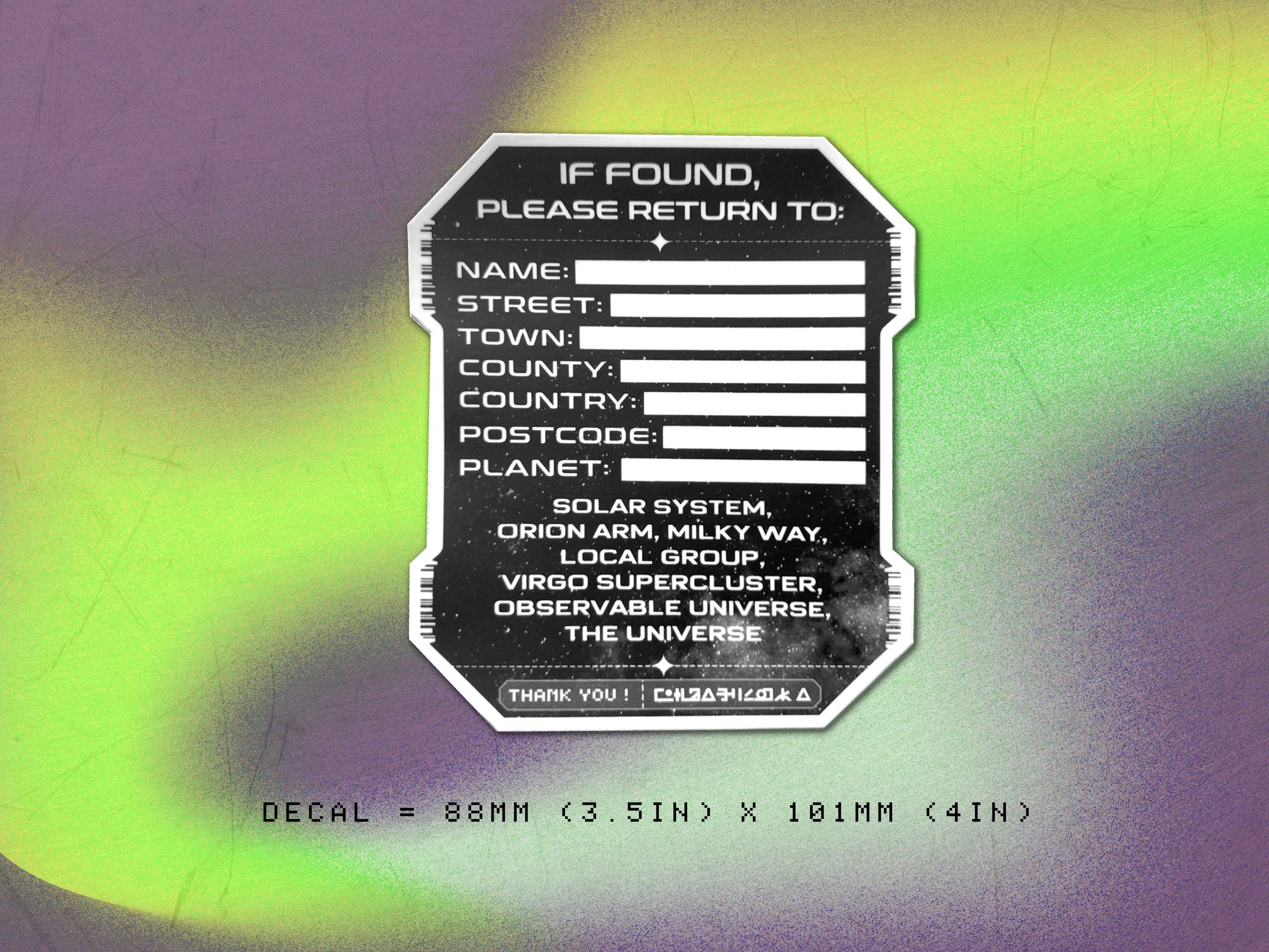 Cosmic Address Cyberpunk Vinyl Decal (UK / Europe Version) - Sci-fi Prop Cargo / Book Label Sticker