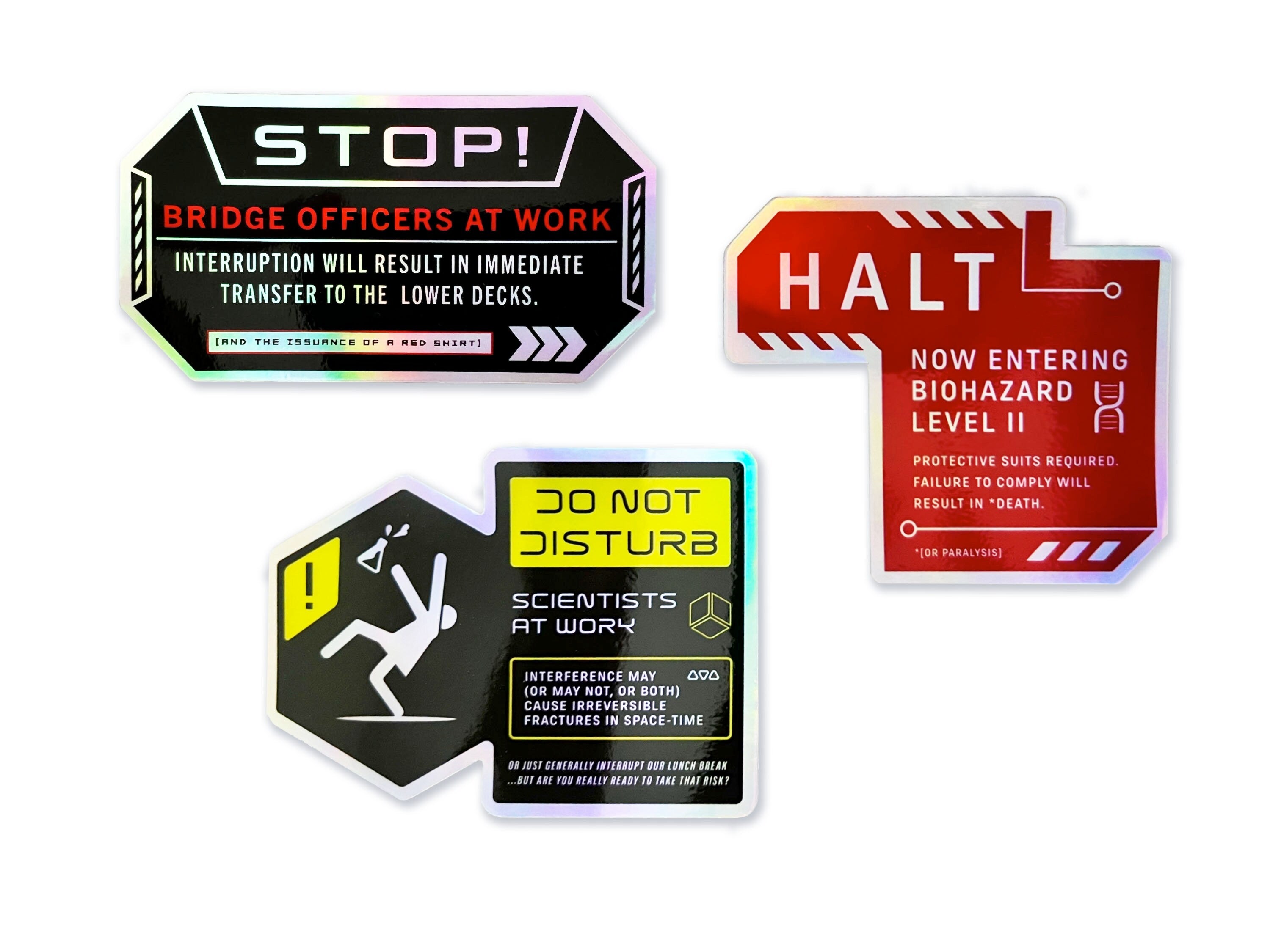 Halt! Biohazard Holographic Decal - Cyberpunk Futuristic Vinyl Sticker - Sci-fi Prop Sign