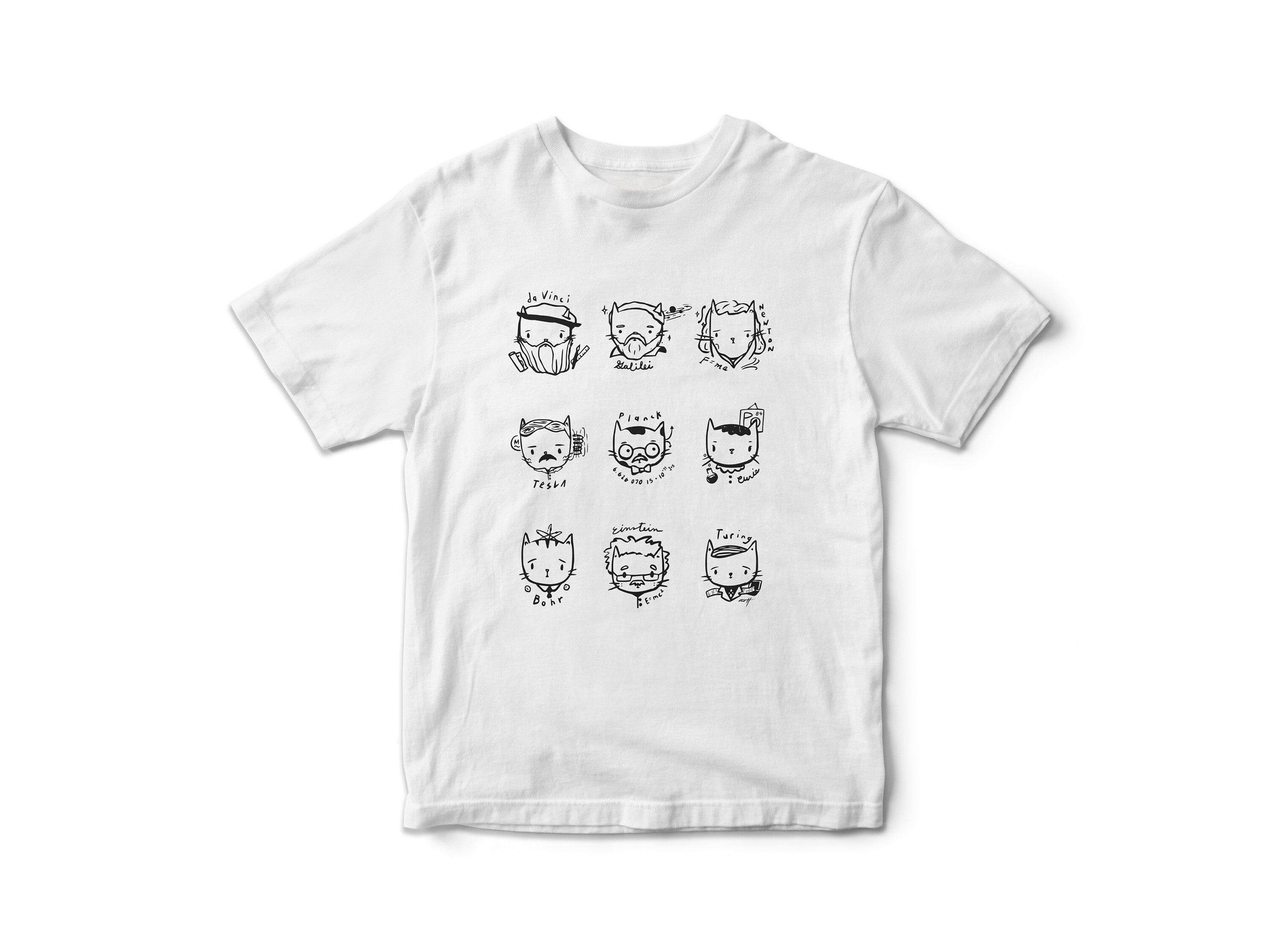 Mad Science Cats T-Shirt - Funny STEM Teacher Shirt - Einstein, Tesla, Curie, Bohr, Planck Portraits Tee