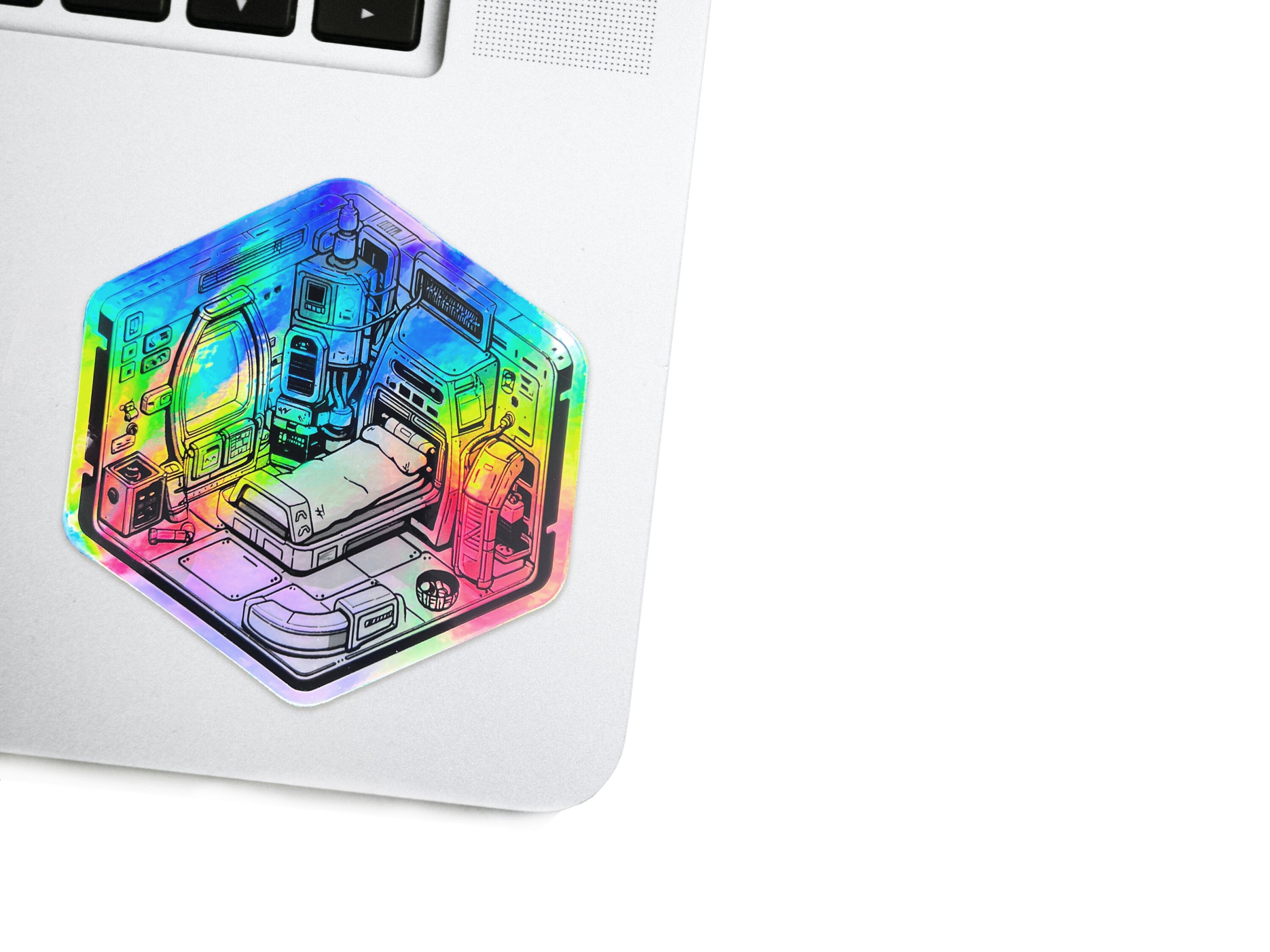 Isometric Cyberpunk Holographic Vinyl Decal - Sci-fi Crew Quarters Astropunk Laptop Sticker - Futuristic Glitch / Space Bumper Sticker