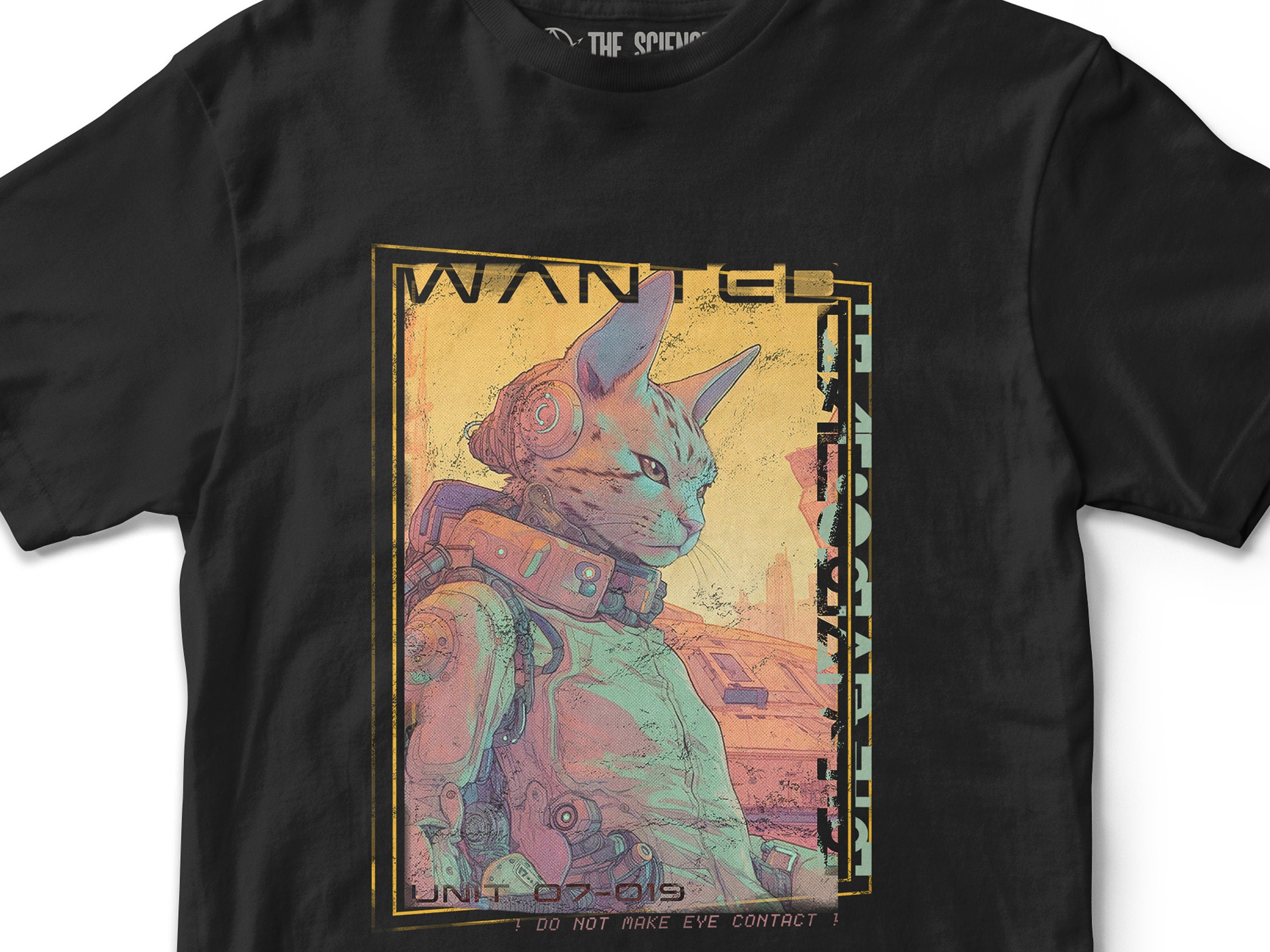 Unit 07-019 T-Shirt - Cybernetically Enhanced Sci-fi Cat Shirt - Cyberpunk / Astro Punk Black Tee