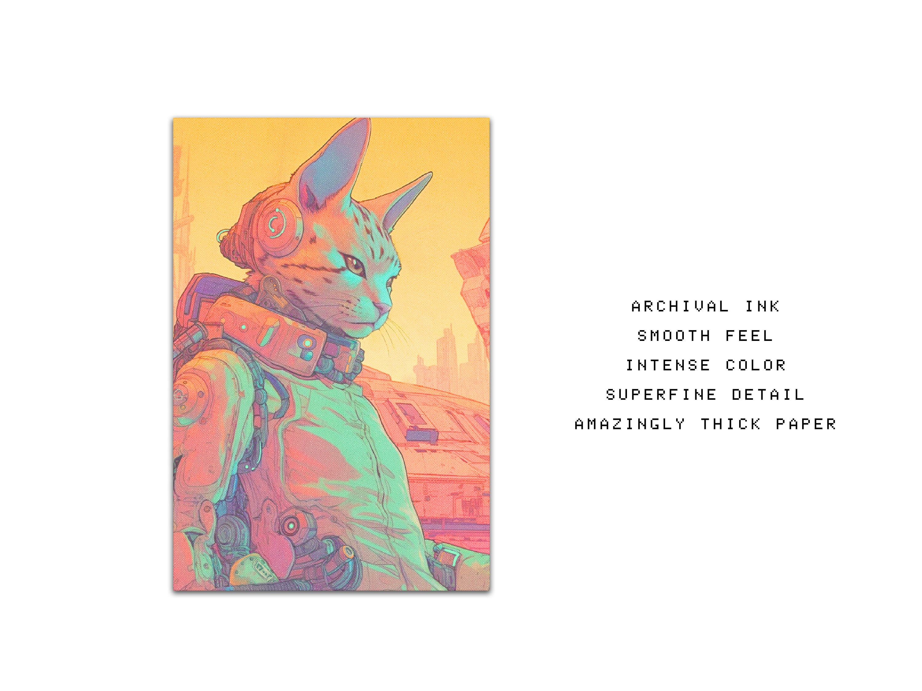 Astropunk Katsu Cat Art Print - Cyberpunk / Dystopian Animal AI Pet Poster - Cybernetic Anime Illustration