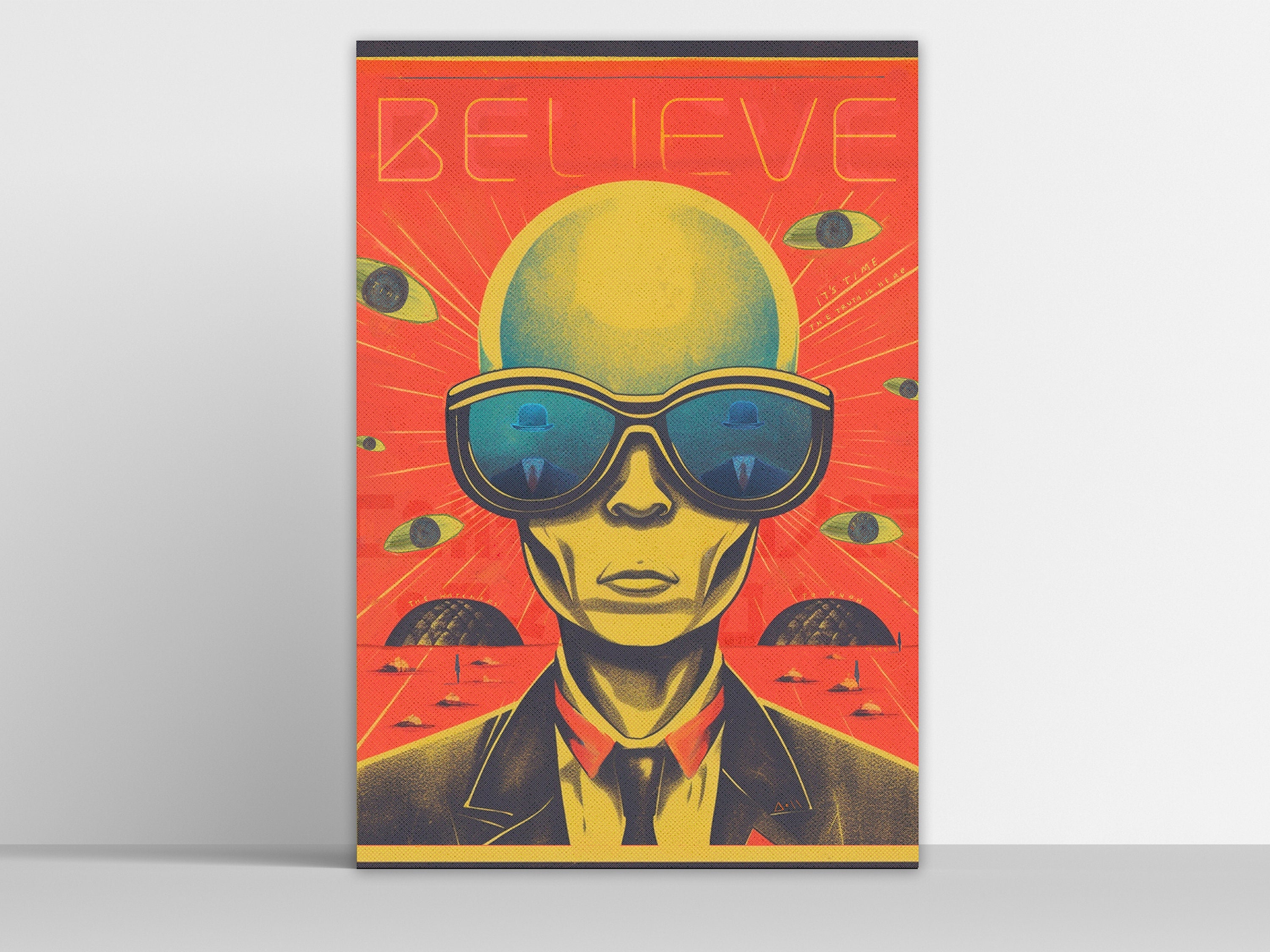 Believe UFO Art Print - I Want to Believe Alien Poster - Extraterrestrial Propaganda Style Postcard
